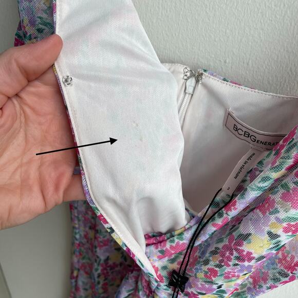 NWT BCBGeneration Ditsy Floral Mesh Ruched Mini Dress Preppy Pink Purple Size 2 - Picture 7 of 14